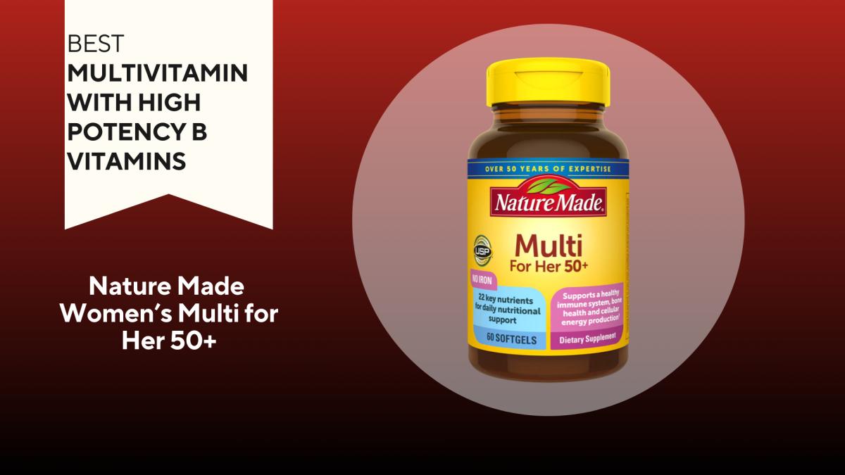 A red and black background with a white banner that reads Best Multivitamin with High Potency B Vitamins next to a brown and yellow bottle of Nature Made Multi for Her 50+